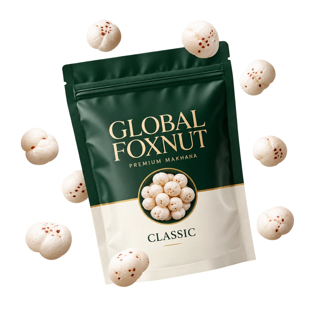 Global Foxnut packaging concept surrounded by popped makhana