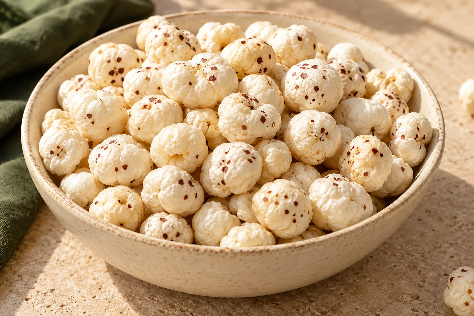 A ceramic bowl of popped makhana